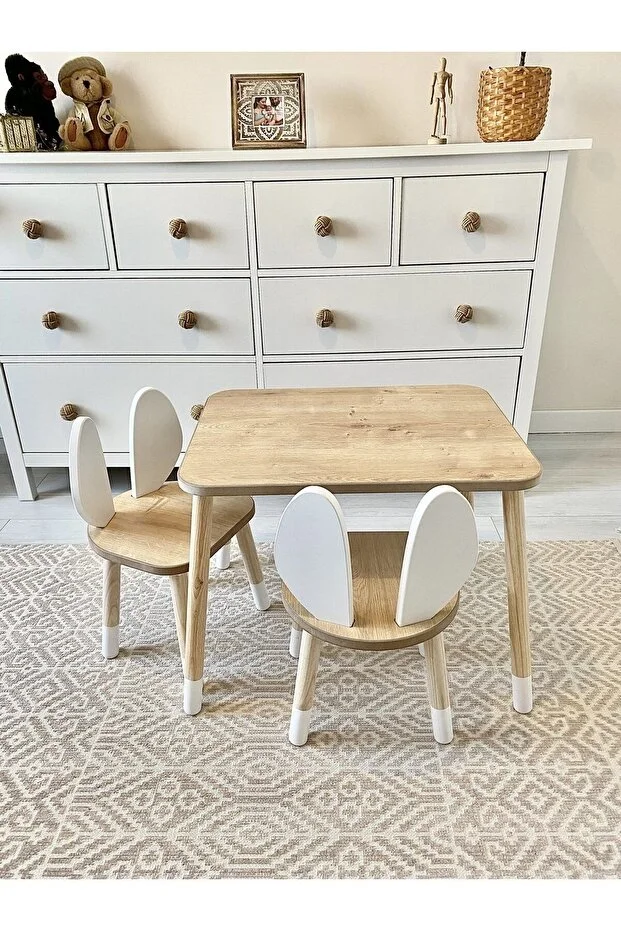 The Bunny 1 Masa + 2 Sandalye (Çocuklar için Montessori Aktivite ve Etkinlik Masa Sandalye Takımı)